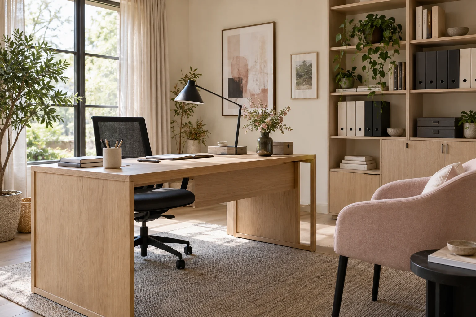 Espace de travail lumineux avec rangements et fauteuil rose poudré