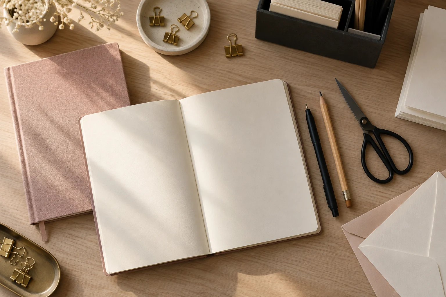 Carnets, papier et accessoires de bureau sur une table en bois clair